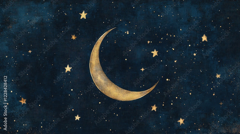 Fototapeta premium Night Sky with Golden Moon and Stars in Elegant Dark Background
