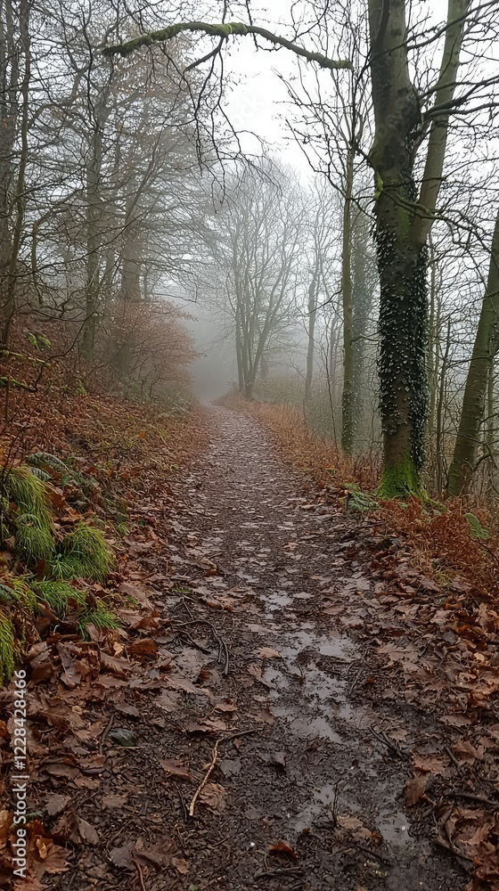 Foggy Forest Pathway in Autumn with Fallen Leaves and Trees Foggy Forest Pathway in Autumn with Fallen Leaves and Trees