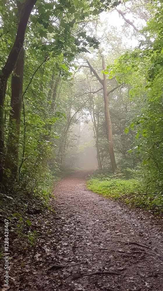 Fototapeta premium Serene Forest Pathway Through Misty Green Landscape in Nature