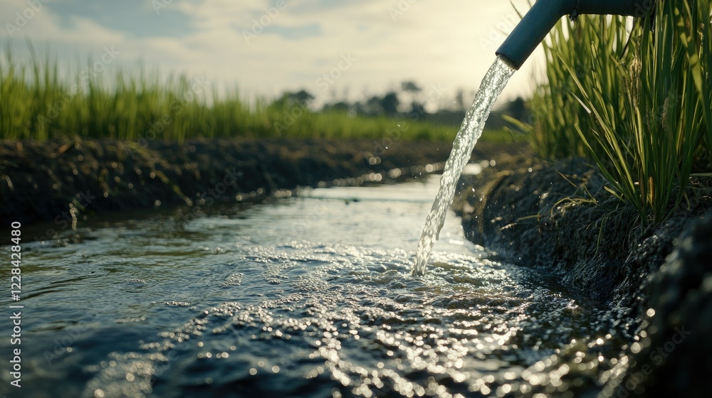 Fototapeta premium Close-up shot of water being pumped into a rice field, highlighting the connection to an irrigation canal.