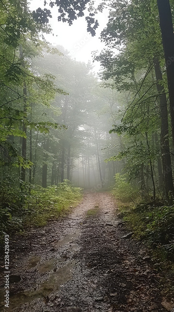 Fototapeta premium Misty Forest Path Under Soft Fog in Lush Green Wilderness