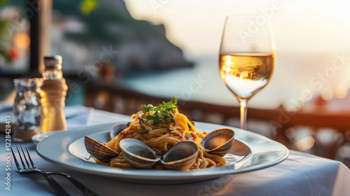 A plate of spaghetti with clams, garnished with herbs, sits on a table next to a glass of white wine, overlooking a scenic sunset ocean view photo