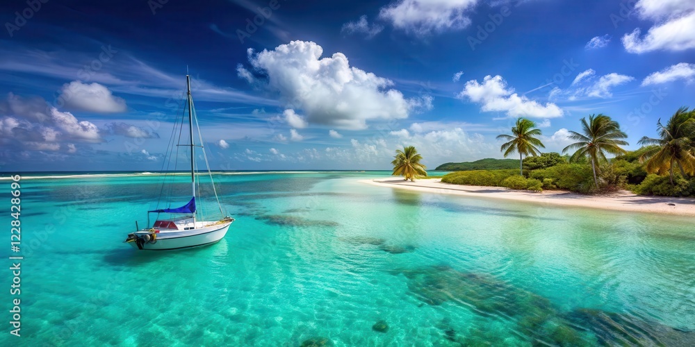 A sailboat is anchored in crystal-clear waters near white sand beach of tropical Los Roques island Caribbean Sea surrounded by coral reef and palm trees, sailing, palm tree A sailboat is anchored in crystal-clear waters near white sand beach of tropical Los Roques island Caribbean Sea surrounded by coral reef and palm trees, sailing, palm tree