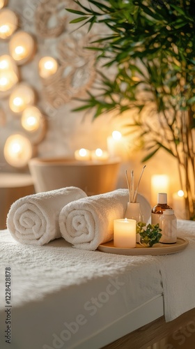 Relaxing Spa Setup with Towels, Candles, and Essential Oils