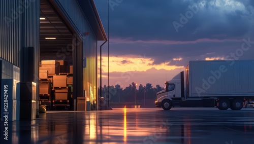 A truck unloading boxes into the cargo area of an industrial warehouse at dusk.