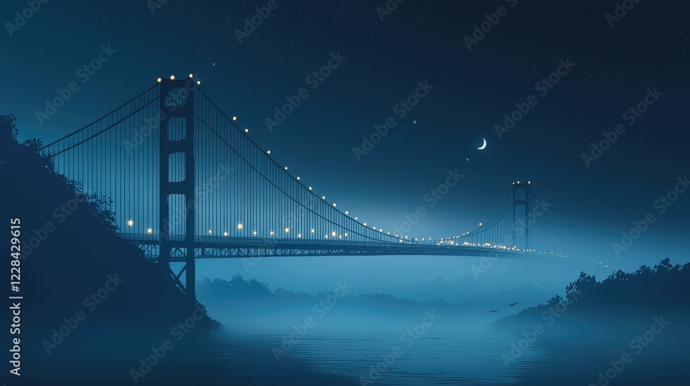 Fototapeta premium Foggy Night Scene of Bridge with Lantern Lights in Moonlight