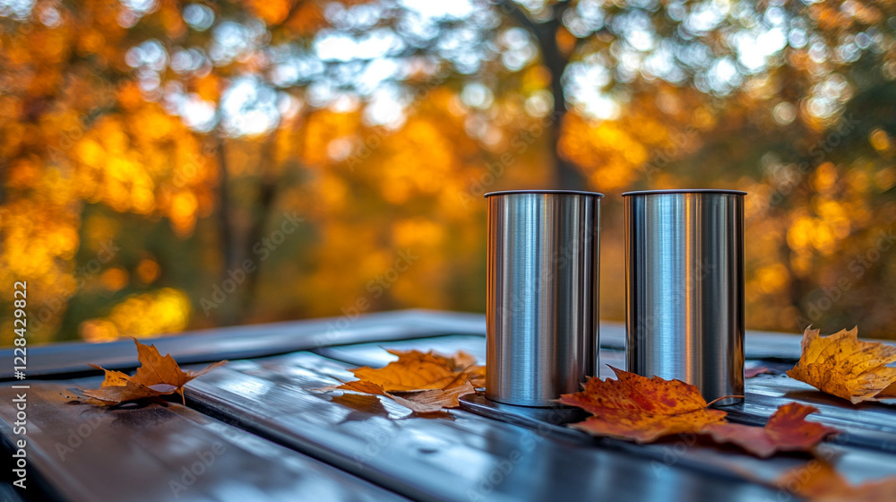 Stainless steel chimney liners on a rooftop with vibrant autumn trees in the background minimalistic bright tone modern blurred empty caption space on the side Stainless steel chimney liners on a rooftop with vibrant autumn trees in the background minimalistic bright tone modern blurred empty caption space on the side