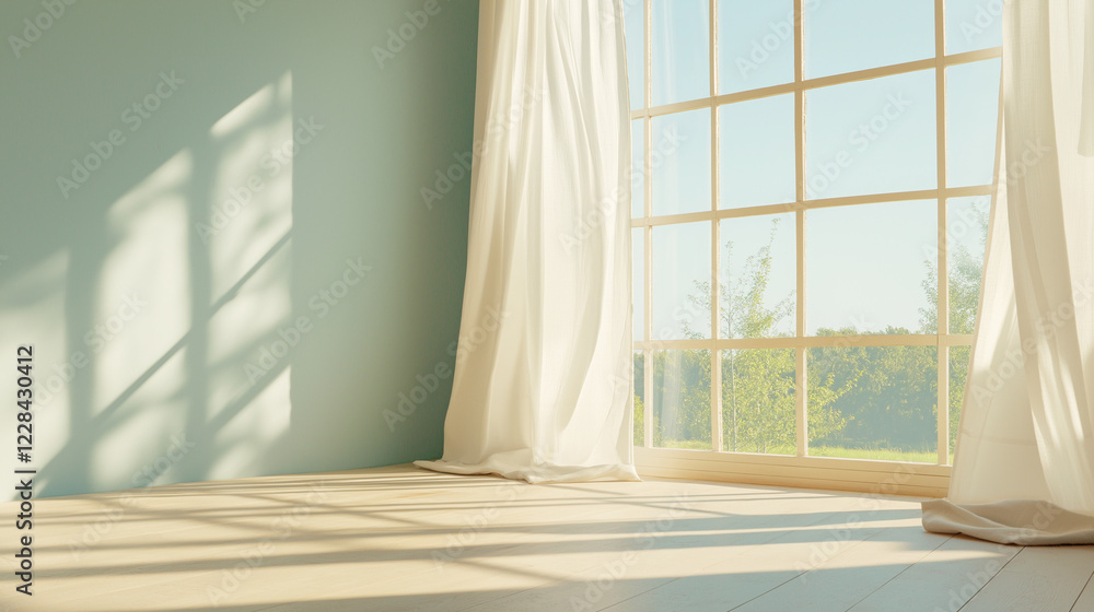 Fototapeta premium Minimalist interior with sunlit window and sheer curtains creating peaceful atmosphere with copy space