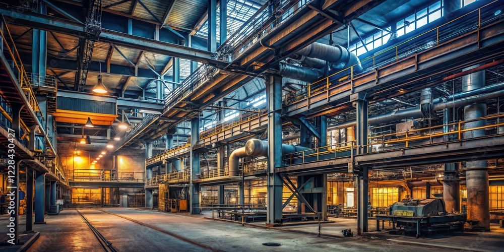 Industrial machinery in a dimly lit factory floor with metal beams and pipes, production, factory Industrial machinery in a dimly lit factory floor with metal beams and pipes, production, factory