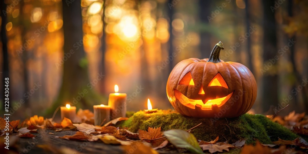 Fototapeta premium A carved pumpkin illuminated by a warm candlelit glow in a dimly lit autumnal forest, outdoor setting, autumn forest