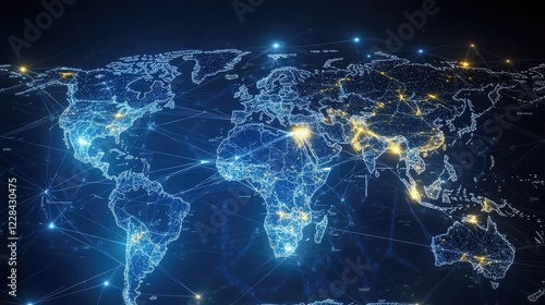 Digital world map with glowing connections and data points illustrating global communication networks