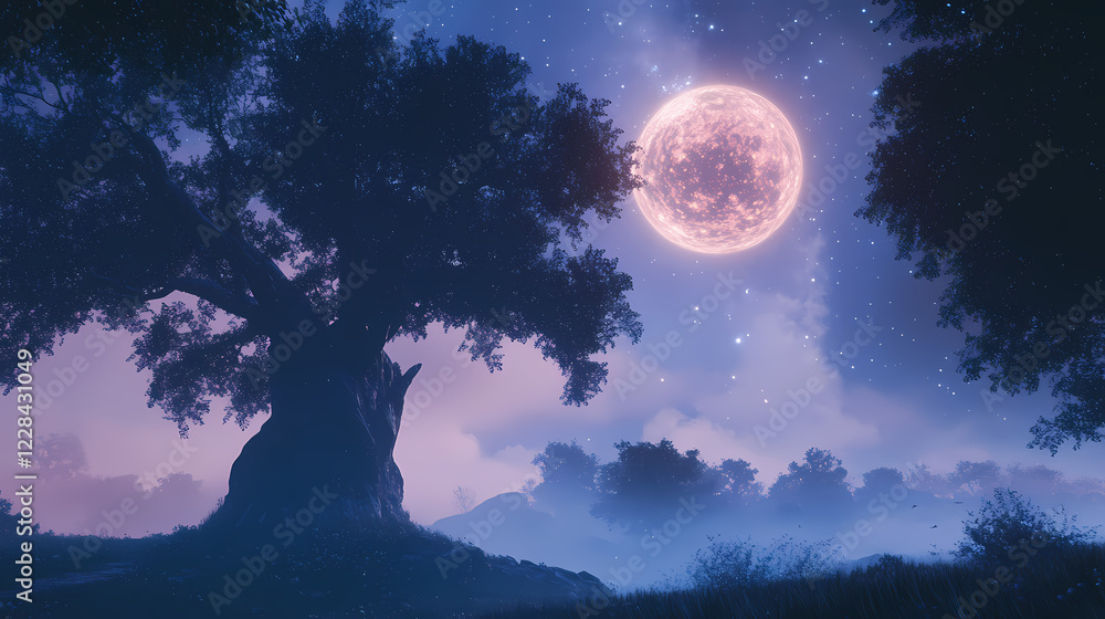 Fototapeta premium Mystical twilight landscape featuring a radiant, pulsing moon and swirling starry night sky, set amidst a dreamy, mist-shrouded valley with towering, ancient trees. Twilight Valley. Illustration