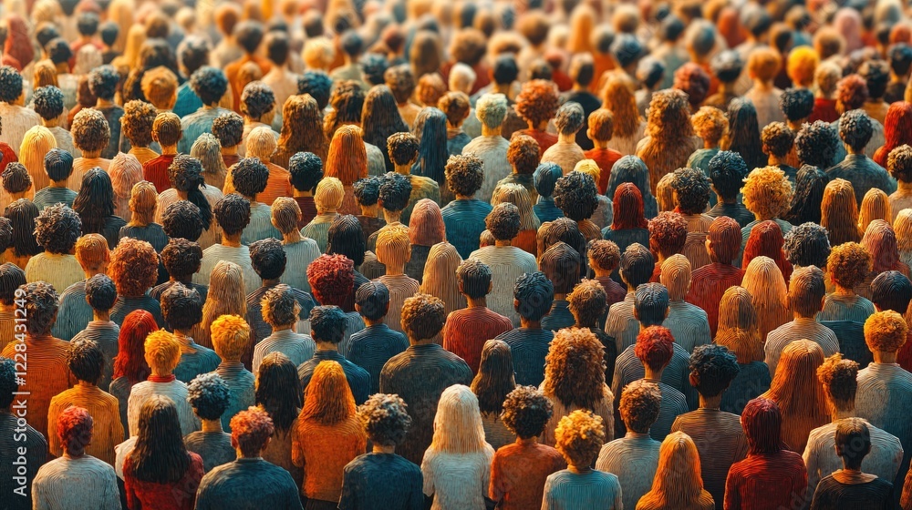 Fototapeta premium Diverse crowd of people with various hairstyles and colors gathered in a vibrant outdoor setting