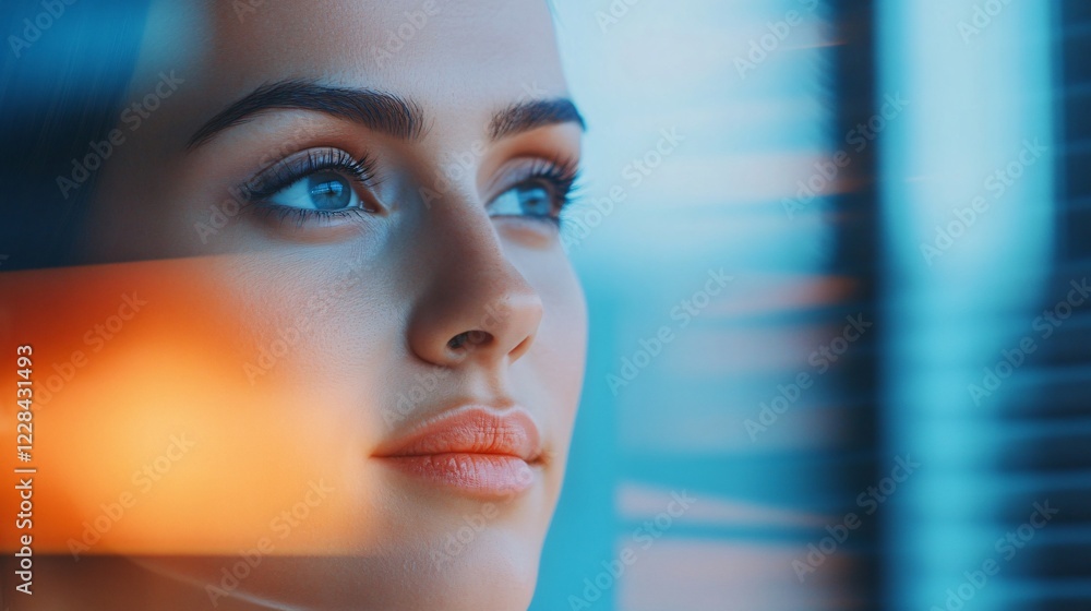 A Moment of Contemplation: A close-up portrait of a young woman with piercing blue eyes, her gaze focused on the horizon beyond, her face illuminated by warm light streaming through a window. A Moment of Contemplation: A close-up portrait of a young woman with piercing blue eyes, her gaze focused on the horizon beyond, her face illuminated by warm light streaming through a window.