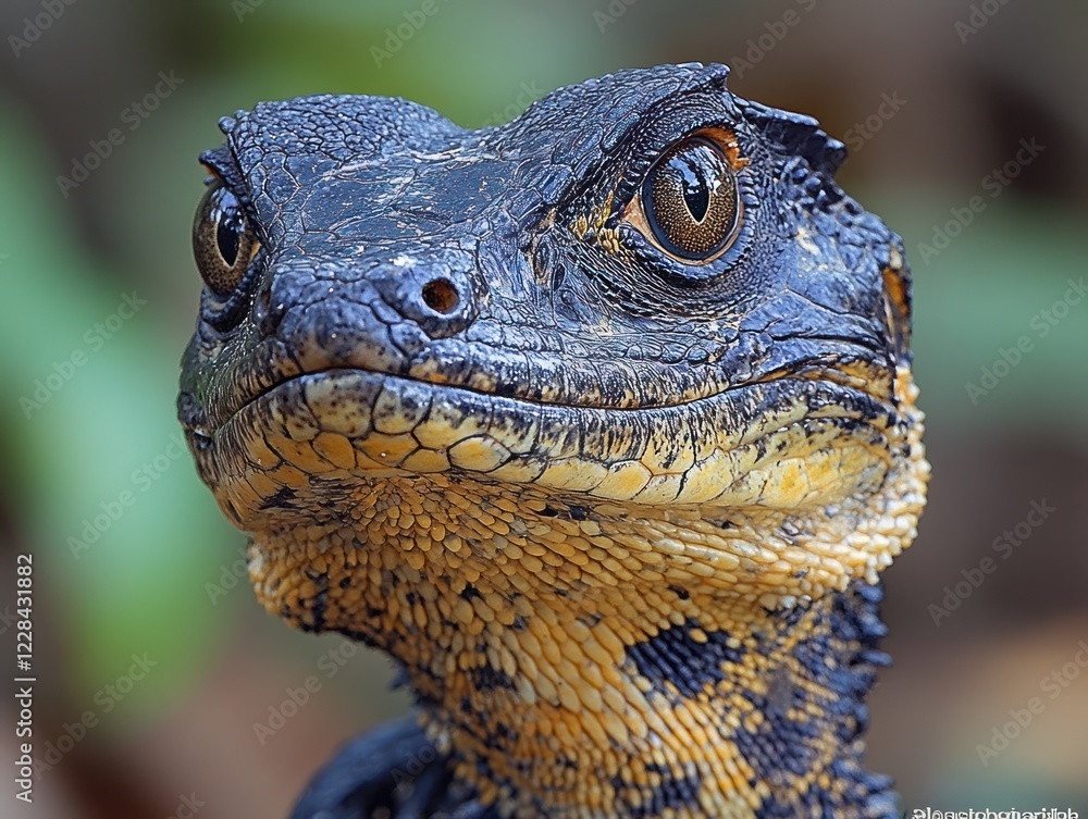 Close-up of a Black and Yellow Water Dragon Head featuring its textured skin and eye Close-up of a Black and Yellow Water Dragon Head featuring its textured skin and eye