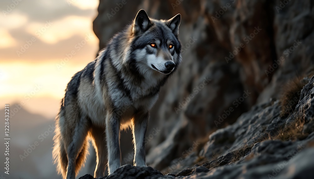 Fototapeta premium Majestic Gray Wolf at Sunset on Rocky Mountain Peak