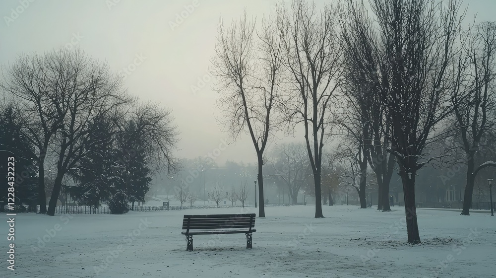 Serene Winter Landscape with Bare Trees and Isolated Bench Scene Serene Winter Landscape with Bare Trees and Isolated Bench Scene
