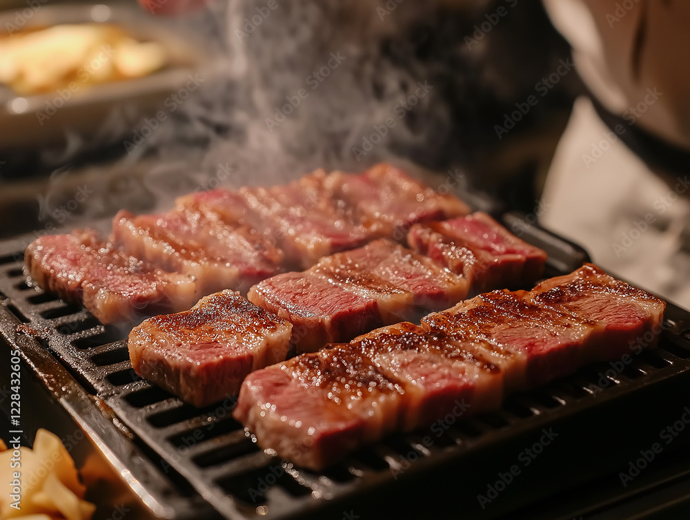 Illustration of Wagyu beef grilled on a grill to perfection, with a beautiful texture, in a luxurious restaurant. Illustration of Wagyu beef grilled on a grill to perfection, with a beautiful texture, in a luxurious restaurant.