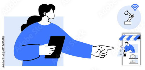 Wallpaper Mural Person holding tablet points toward digital illustration of a robotic arm in an online store interface. Ideal for automation, e-commerce, online shopping, technology, digital solutions, innovation Torontodigital.ca
