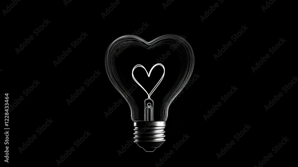 Heart-Shaped Light Bulb Glowing Against Dark Background Heart-Shaped Light Bulb Glowing Against Dark Background