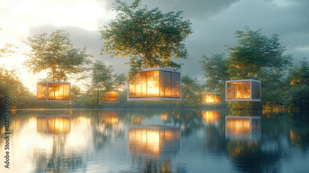 Sunset Serenity: Floating Cabins in a Tranquil Lake Sunset Serenity: Floating Cabins in a Tranquil Lake