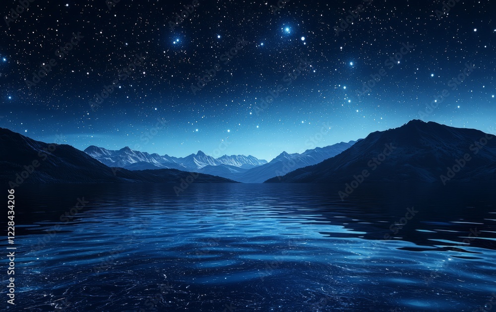 Naklejka premium Tranquil lake with starlight reflections in blue black silver