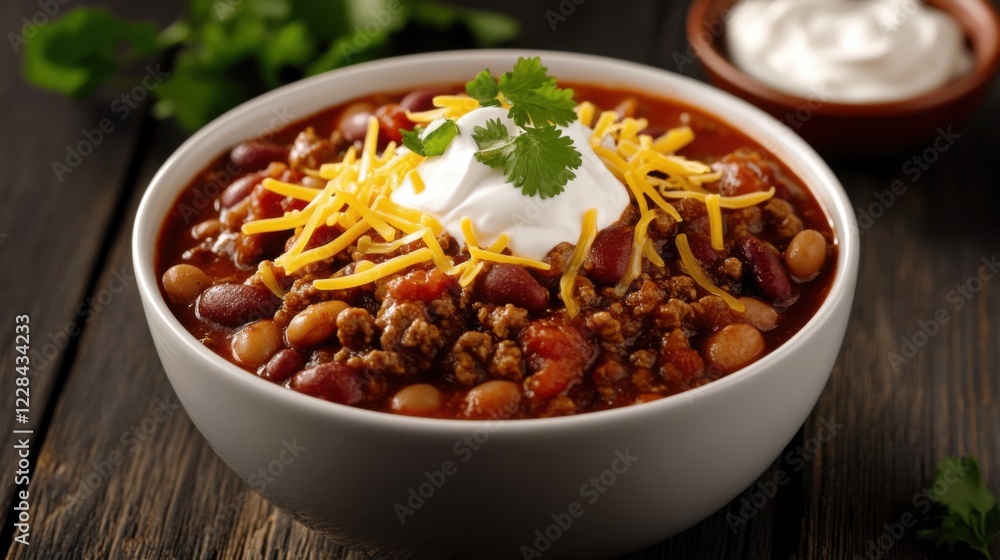 A hearty and flavorful chili con carne with beans, ground beef, and a rich tomato sauce A hearty and flavorful chili con carne with beans, ground beef, and a rich tomato sauce