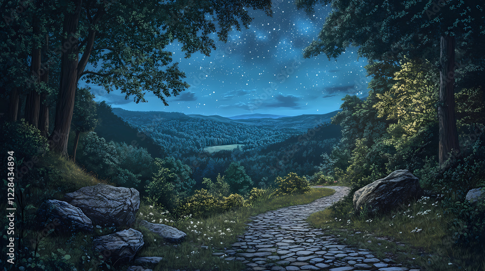 Fototapeta premium A stone path leading through a lush forest towards a distant valley under a starry night sky. Twilight Valley. Illustration