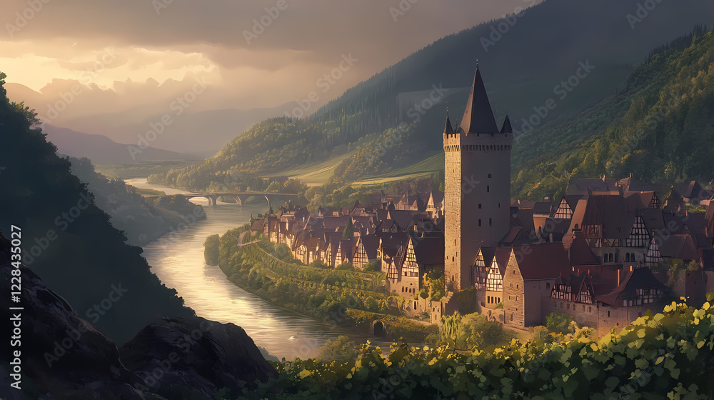 custom made wallpaper toronto digitalA summer evening in rhine river valley, river flowing past vineyards clinging to steep hillsides, with a medieval castle with towers.jpeg. Twilight Valley. Illustration