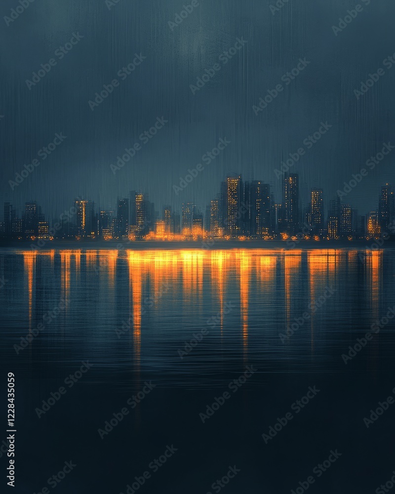 Fototapeta premium Tranquil bay with city reflections in navy orange and black realistic raw style