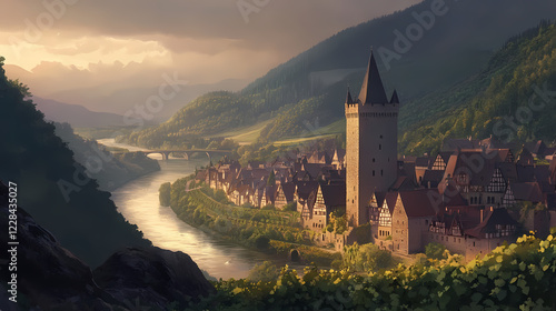 Wallpaper Mural A summer evening in rhine river valley, river flowing past vineyards clinging to steep hillsides, with a medieval castle with towers.jpeg. Twilight Valley. Illustration Torontodigital.ca