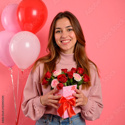 Una mujer sonriendo con un regalo del día de los enamorados