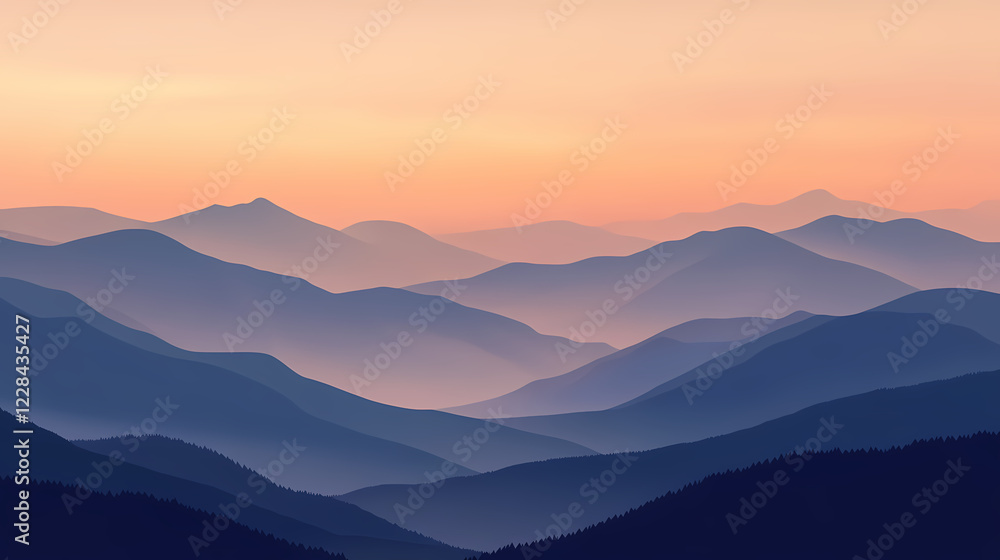 Drifting clouds over mountain valley at dusk softly illuminate the landscape with warm gentle hues, peaceful, hazy. Twilight Valley. Illustration Drifting clouds over mountain valley at dusk softly illuminate the landscape with warm gentle hues, peaceful, hazy. Twilight Valley. Illustration