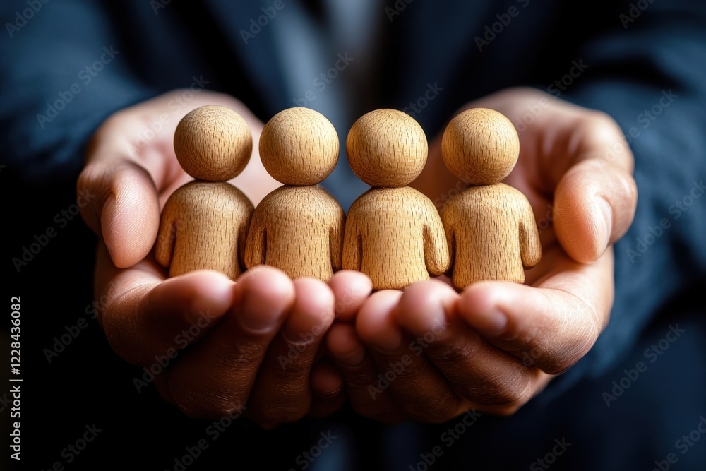 Wooden figurines representing teamwork and collaboration held in hands symbolizing partnership and unity in diverse professional environments and organizations Wooden figurines representing teamwork and collaboration held in hands symbolizing partnership and unity in diverse professional environments and organizations