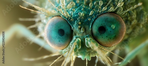 Extreme macro close-up of green insect compound eyes with detailed surface texture and intricate patterns showing complex eye structure. Suitable for science and nature content. photo