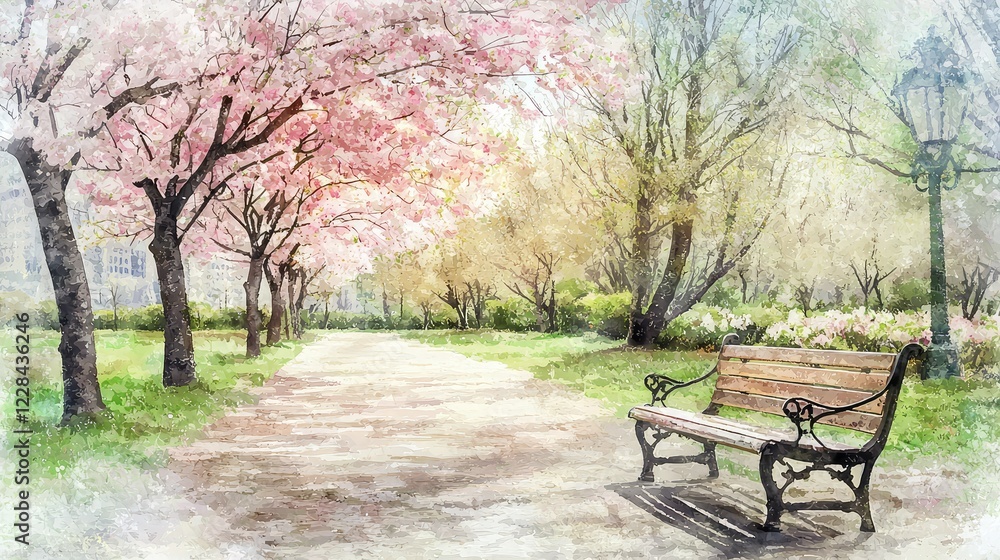 Serene Park Pathway with Cherry Blossom Trees and a Bench Serene Park Pathway with Cherry Blossom Trees and a Bench