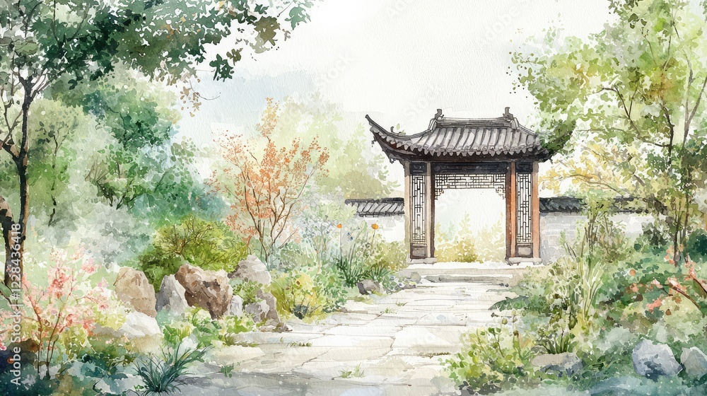 Obraz premium Tranquil Asian Garden with Gateway Surrounded by Lush Foliage