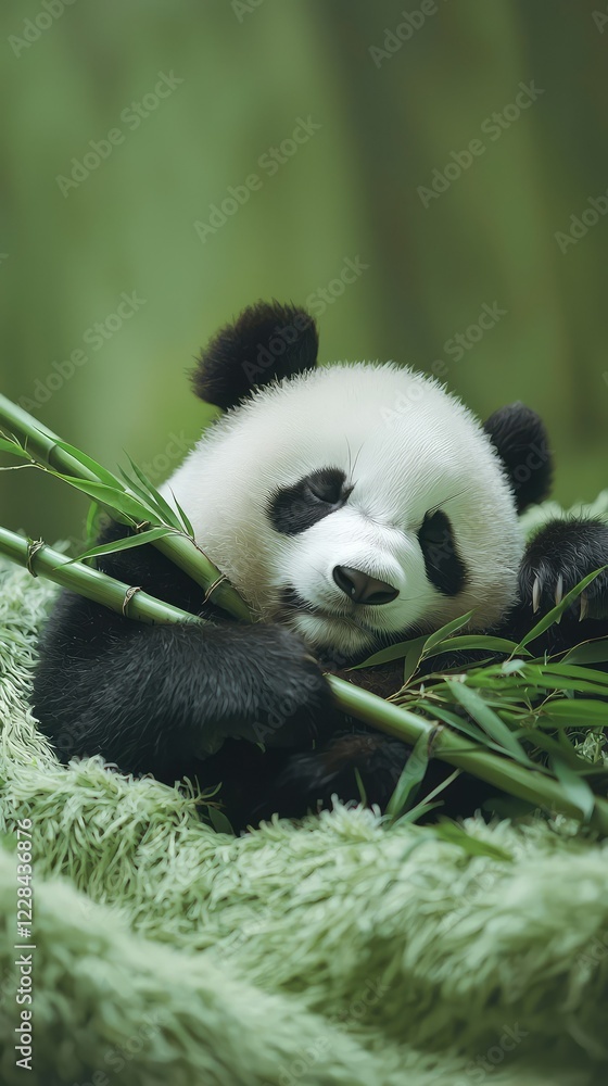 Obraz premium Adorable Baby Panda Taking a Nap While Holding Bamboo Stalk