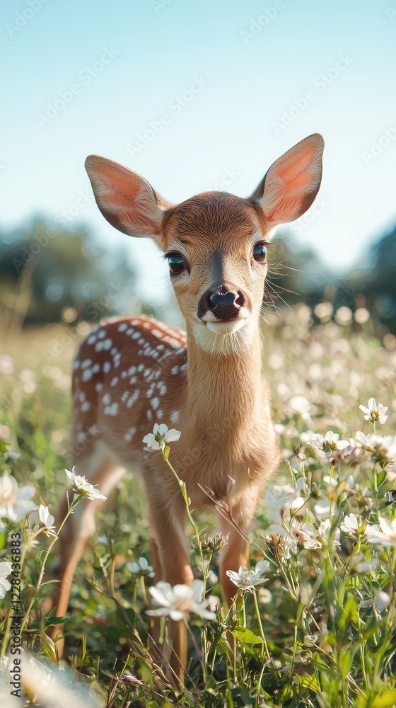 Young Fawn Standing in a Meadow Surrounded by Blossoming Flowers Young Fawn Standing in a Meadow Surrounded by Blossoming Flowers