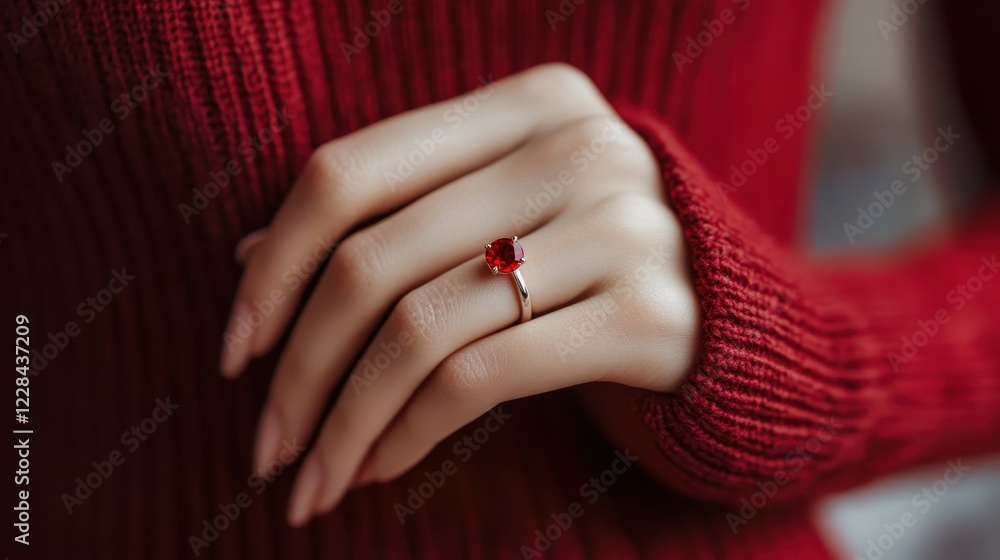 Close-up of a hand wearing a red gemstone ring. Perfect for jewelry, fashion, or Valentine's Day themes. Close-up of a hand wearing a red gemstone ring. Perfect for jewelry, fashion, or Valentine's Day themes.