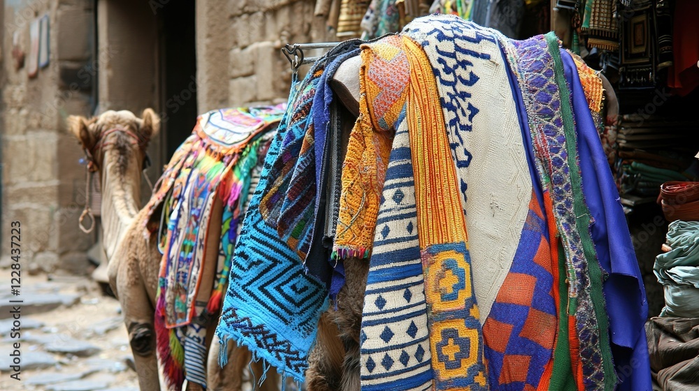 Fototapeta premium Camel draped in colorful textiles stands in narrow alleyway.