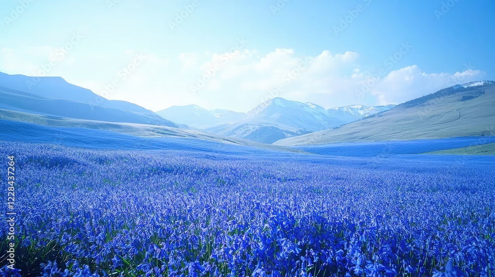 Fototapeta premium Serene Landscape of Purple Flowers Under Bright Blue Sky