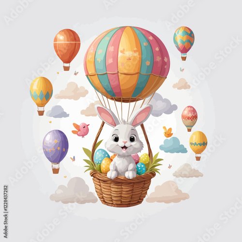 Cute Easter bunny on isolated background. Cute bunny flying in a hot air balloon with a basket full of Easter eggs. Happy Easter. Sweet watercolor elements. Vector illustration.