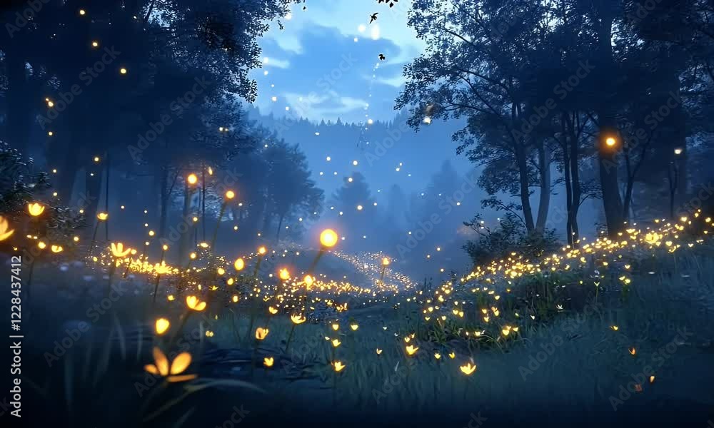 Firefly magic, night forest path, fantasy scene, game background