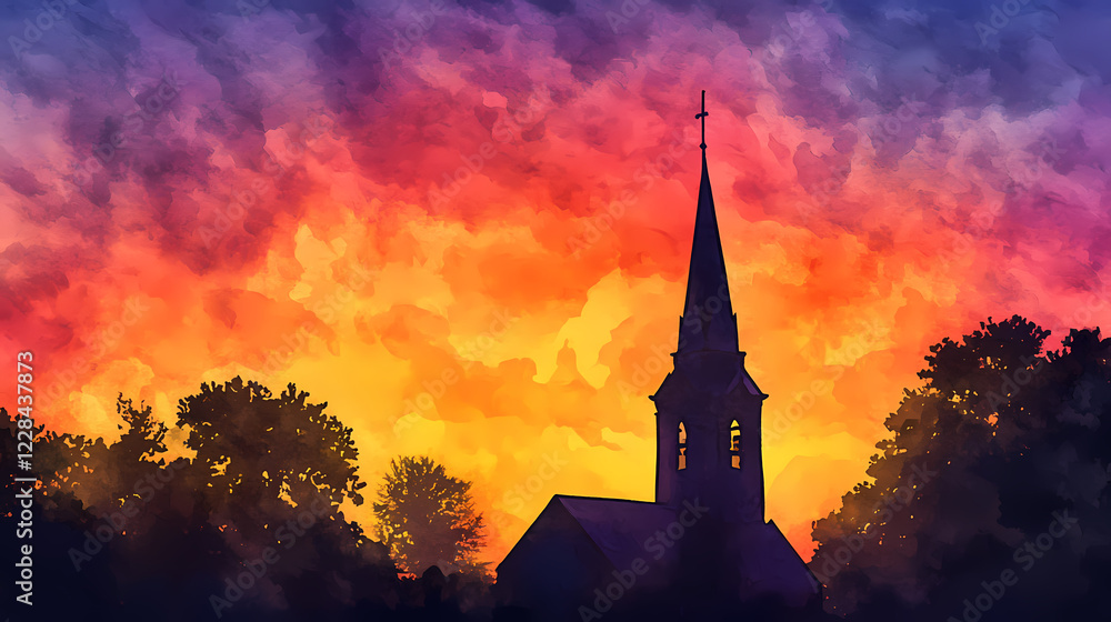 Obraz premium Majestic church steeple reaching towards the sky in a glowing watercolor sunset landscape the building s silhouette stands out against the vibrant fiery hues of the sky. Vibrant Spire. Illustration