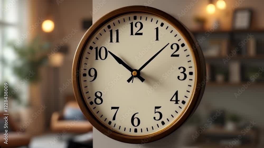 A Round Analog Wall Clock with a Wooden Frame in a Blurred Living Room