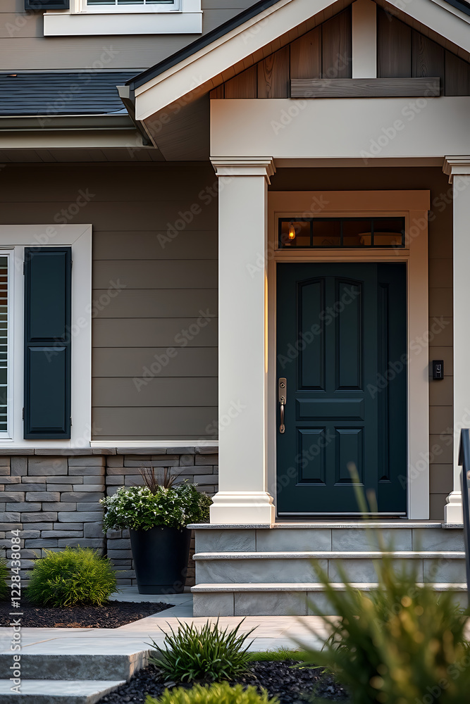 Fototapeta premium Modern House Exterior: Elegant Front Porch Design with Stone Accents and Lush Landscaping