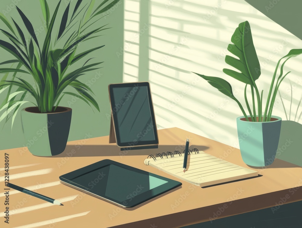 Fototapeta premium Freelancers desk with tablet notebook plant in brown teal cream