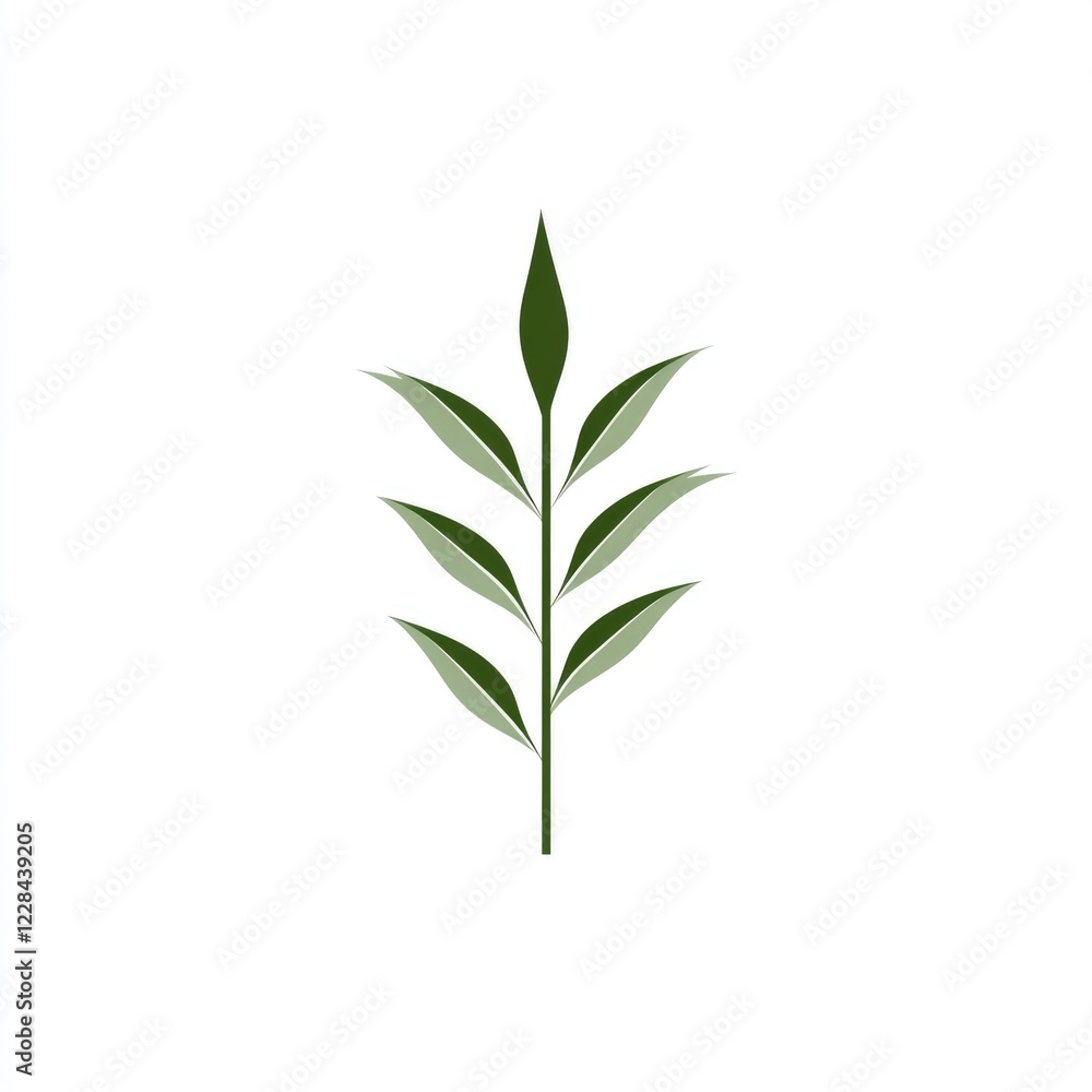 A slender green leaf branch stands upright against a plain background, emphasizing its smooth lines and natural elegance. This design symbolizes growth and tranquility A slender green leaf branch stands upright against a plain background, emphasizing its smooth lines and natural elegance. This design symbolizes growth and tranquility