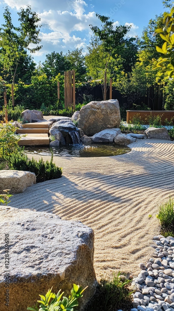 Fototapeta premium Tranquil Zen Garden with Water Feature and Natural Elements